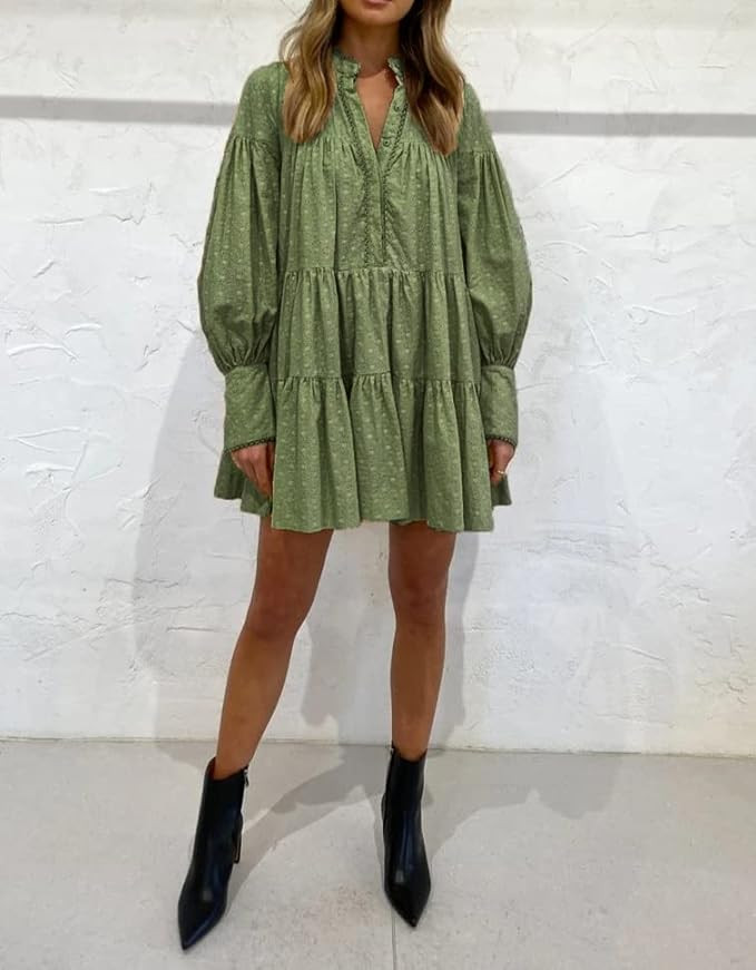 Roiii Women A-Line Lace Loose Baroque Button Down Long Sleeve Casual Dresses V Neck Embroidery Pa... | Amazon (US)