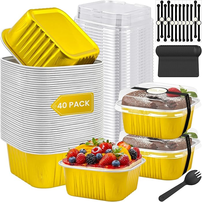 JIURUN 40 Pack 5oz Mini Cake Pans with Lids, Square Aluminum Foil Brownie Baking Cups, Muffin Tin... | Amazon (US)