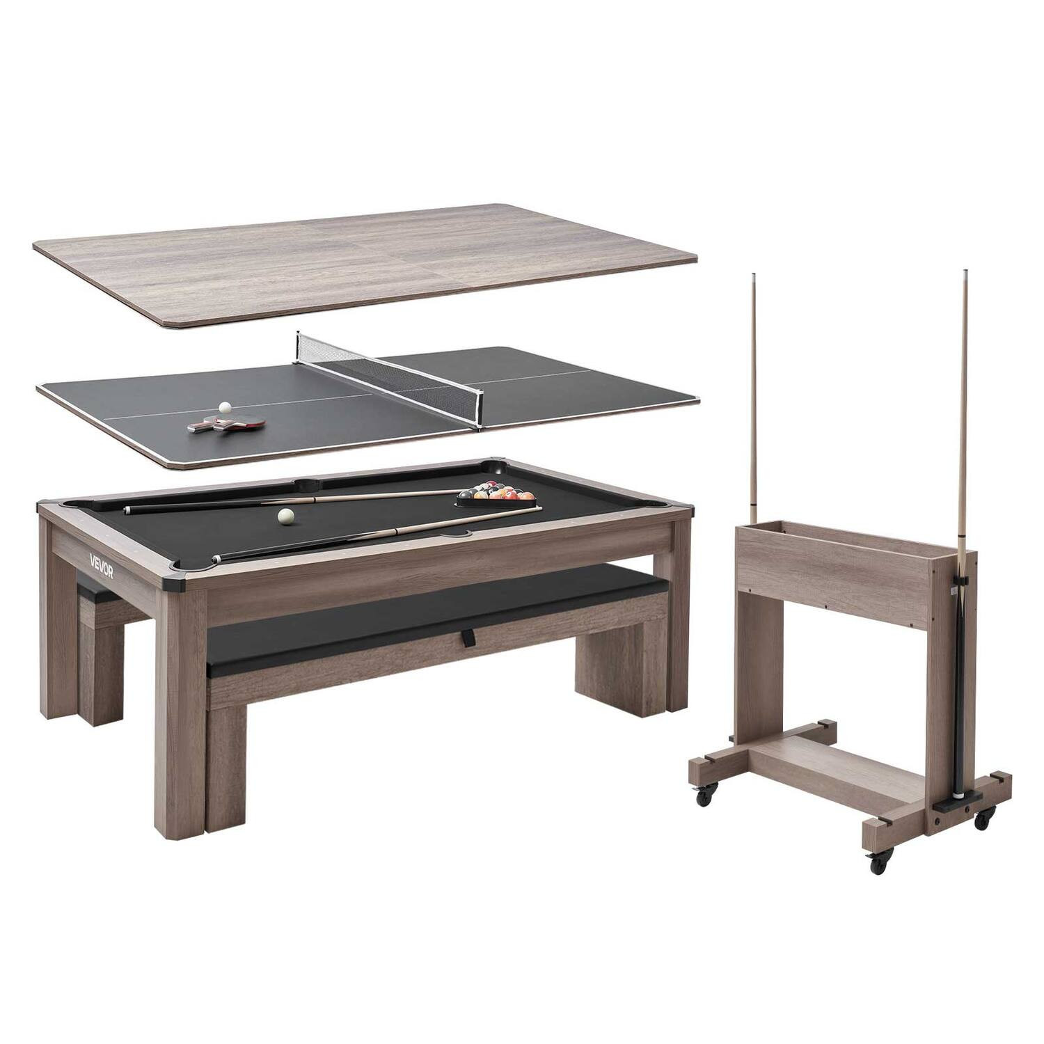 VEVOR - 7ft Pool Table Combo Set, 3-in-1 Multi Game Billiards Tables with Dining Top and Ping Pong, 2 Benches - Gray | Best Buy U.S.