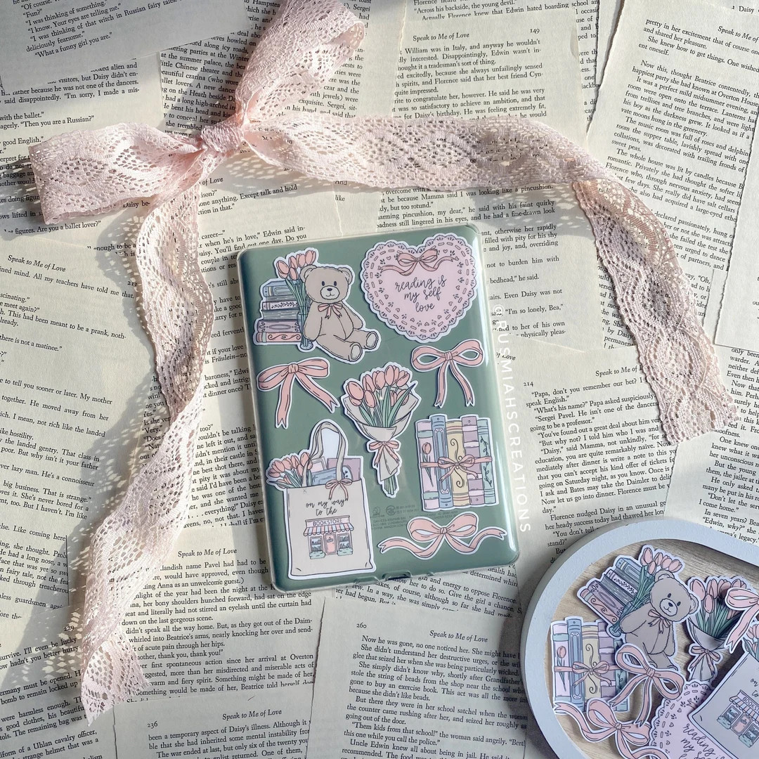 Books and Bows Sticker Pack | Bibliophile | Water Resistant | Kindle Stickers | E-Reader | Pink B... | Etsy (US)