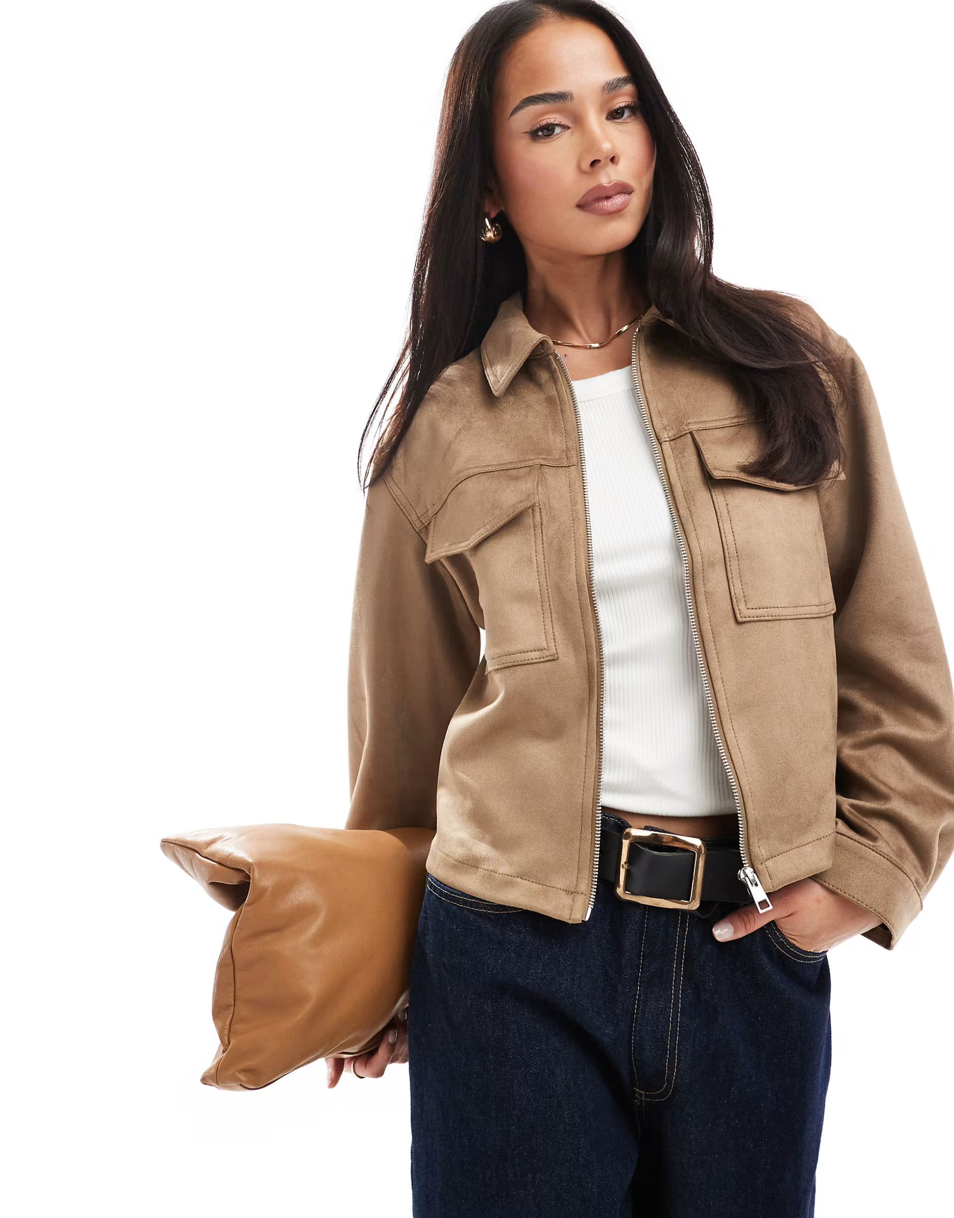 New Look suedette zip through jacket in tan | ASOS (Global)