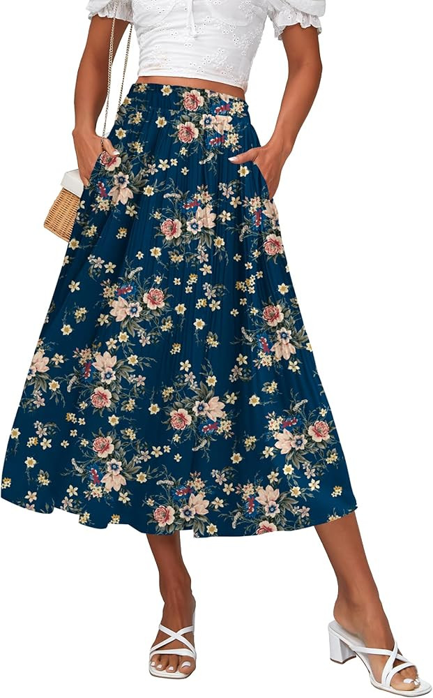 Zeagoo Women's Midi Skirts Elastic High Waist Skirt Polka Dot Casual Pleated Skirt with Pockets | Amazon (US)