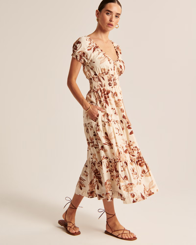 Cap Sleeve Smocked Waist Midi Dress | Abercrombie & Fitch (US)