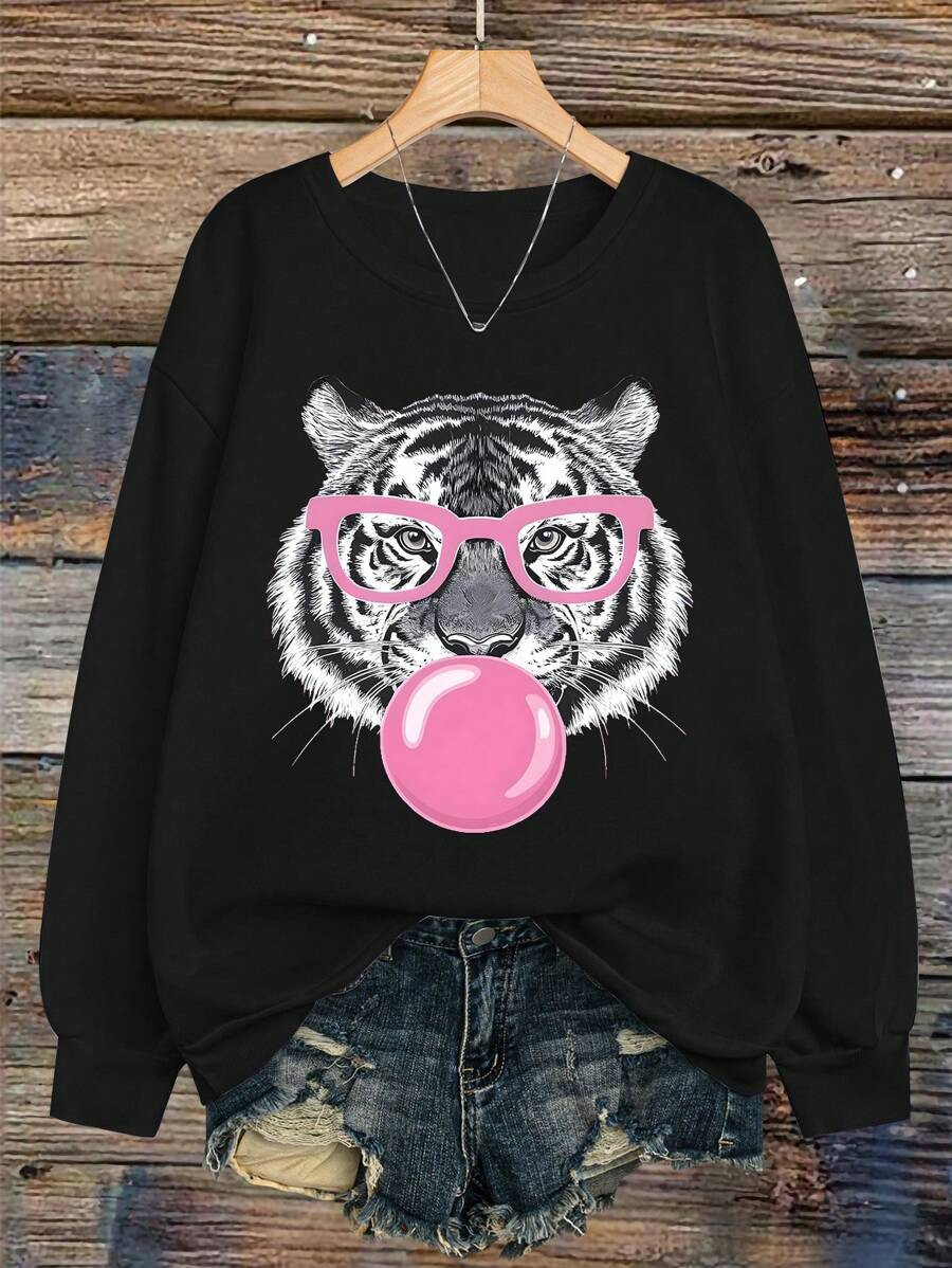 Calvaya Women's Cute Tiger Pattern Casual Simple Outdoor Round Neck Pullover Hoodie, Suitable For... | SHEIN
