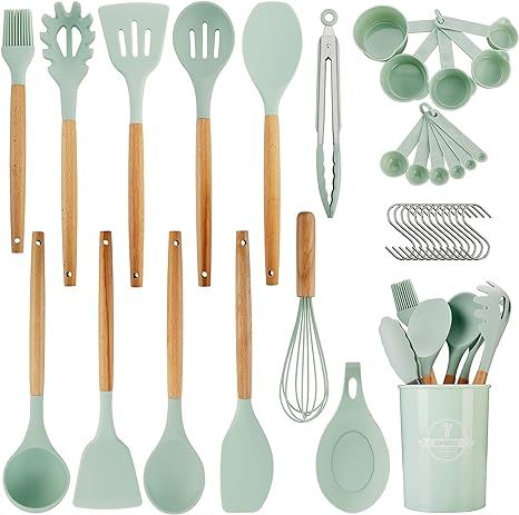 Kitchen Utensils Set, QMVESS 35 Pcs Non-Stick Silicone Cooking Utensils Set with Holder, Sturdy W... | Amazon (US)