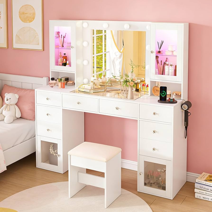 Vanity Desk with Mirror and Lights, 55" White Makeup Vanity Set with 8 Drawers & RGB Glass Cabine... | Amazon (US)