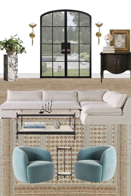 Living room design featuring a vintage art print 

Sectional sofa, side board, glass vase, pedestal, sconces, travertine coffee table, iron coffee table, coffee table books, candelabra, candle, martini table, blue swivel chairs, accent chairs, rug

#LTKSeasonal #LTKHome