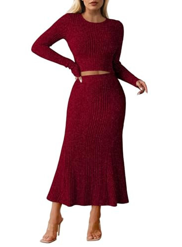 Pink Queen 2 Piece Bodycon Skirt Sets for Women Date Night Crewneck Long Sleeve Jumper Tops Chunky Warm High Waist Skinny A Line Cocktail Dress Outfits Burgundy M | Amazon (US)