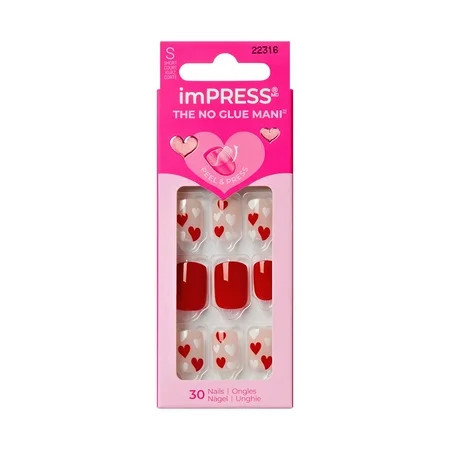 KISS imPRESS Valentine’s Day Press On Nails Kiss to Remember Short Squoval 30 Count | Walmart (US)