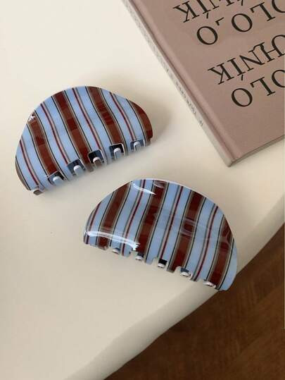 1pc Korean Style Blue & Coffee Striped Acrylic Hair Claw Clip, Retro Girl Bun Updo Hair Accessory - Size XXFZ287 | SHEIN