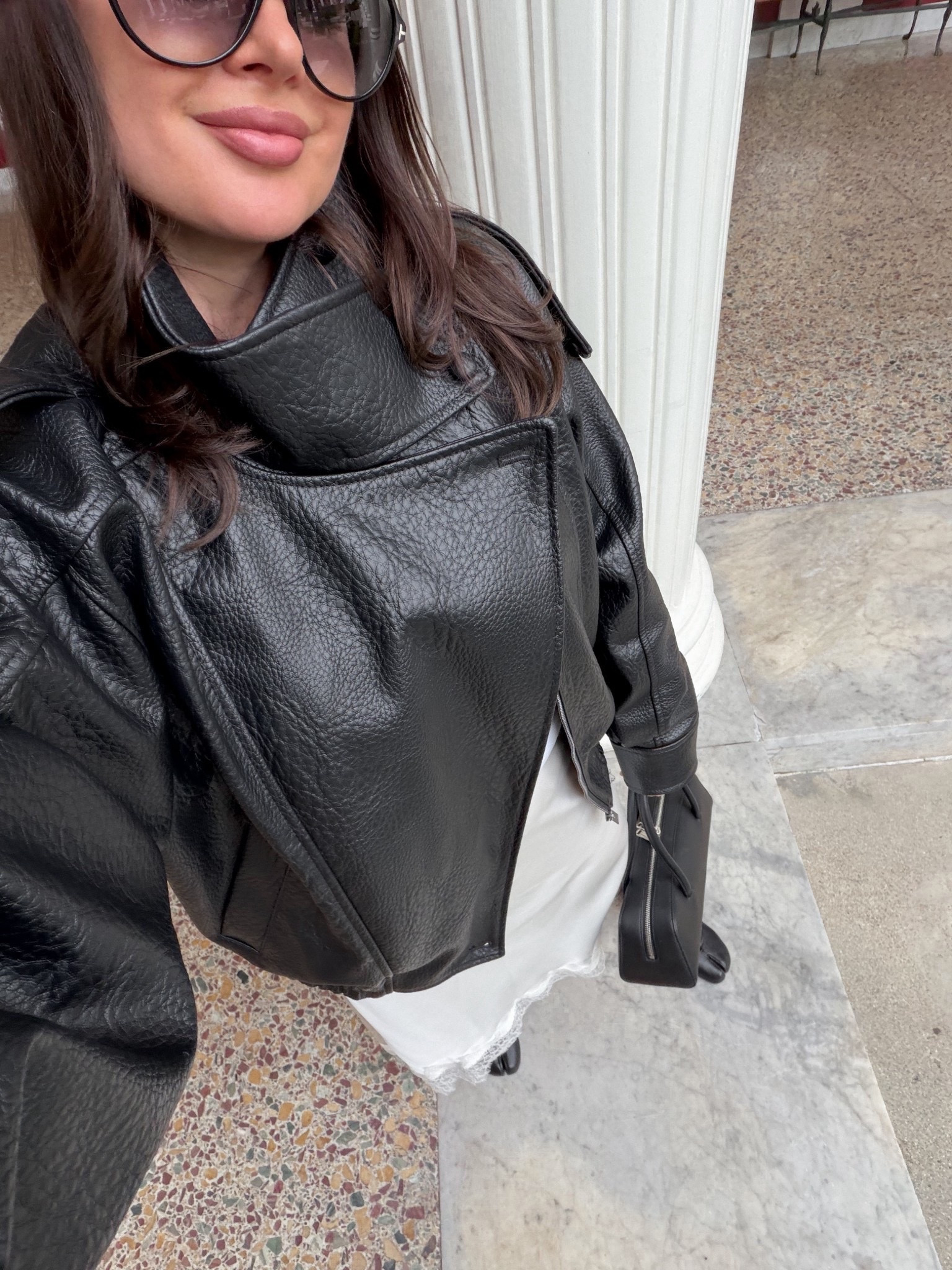 Styling @Zara black leather funnel neck jacket with @Zara satin lace trim skirt, @Steve Madden US split toe flats, Freya black leather shoulder bag and aviator sunglasses. 

#outfit #outfitideas #springoutfit #jacket #leatherjacket #flats #lacetrim #skirt #satin #silk #funnelneck #splittoe

#LTKSeasonal #LTKootd #LTKWorkwear