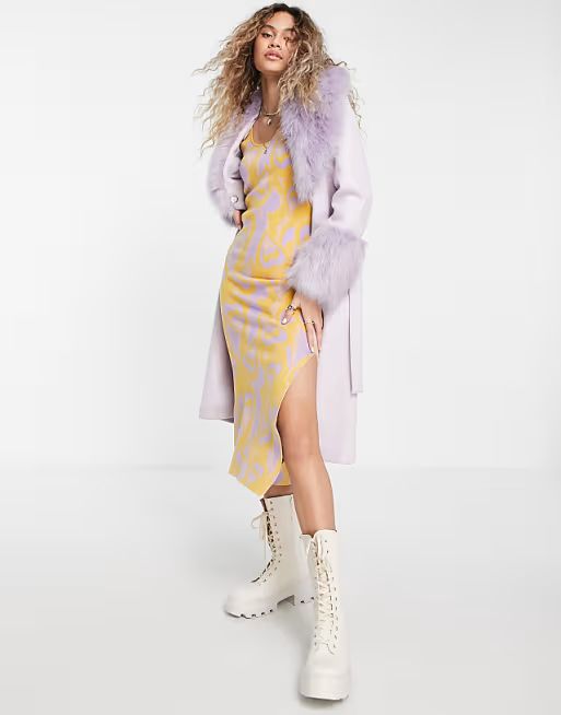 Topshop long belted coat with faux fur trims | ASOS (Global)