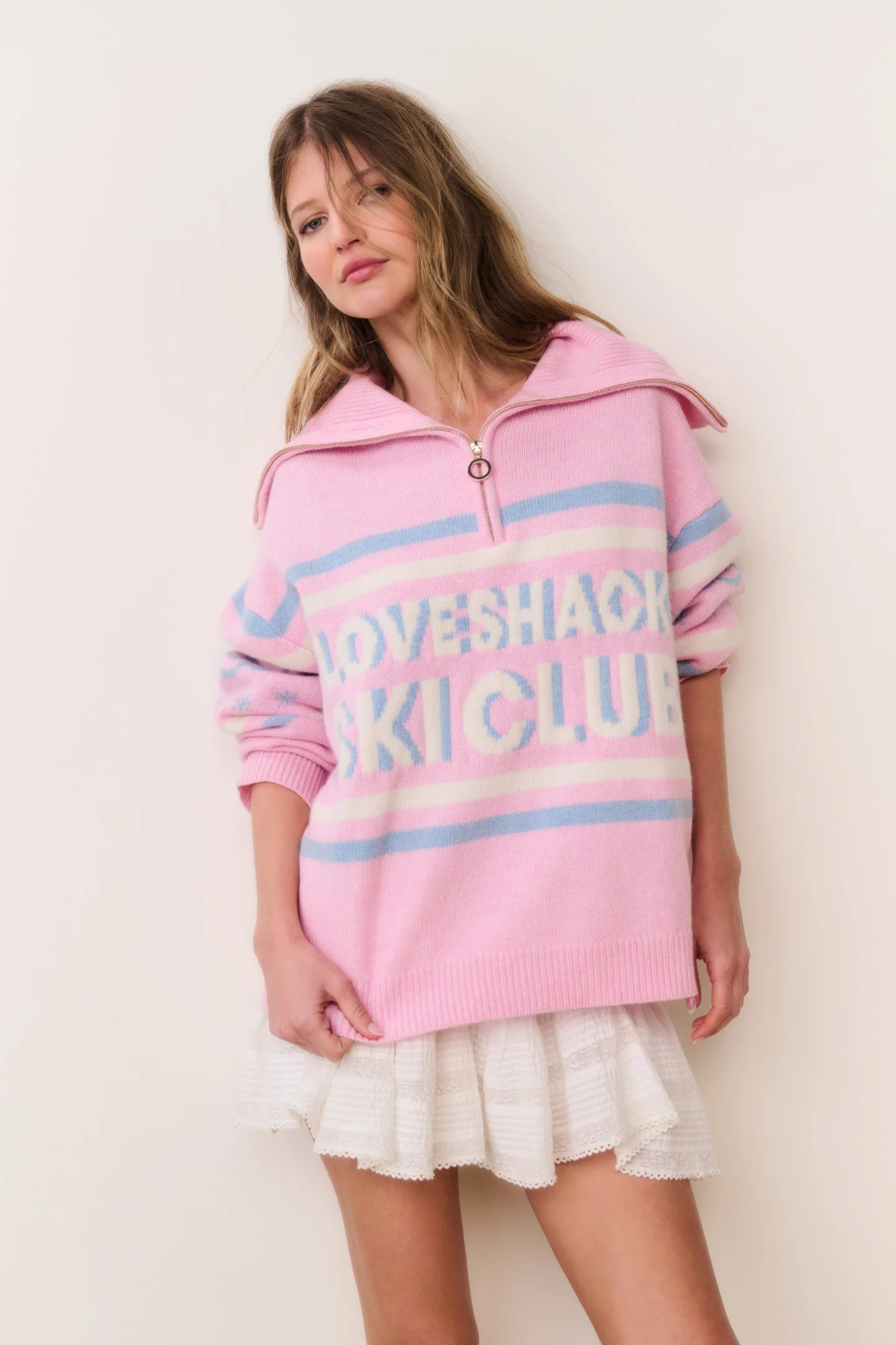Mitsy Wool Ski Club Sweater FROZEN LYCHEE / M | LoveShackFancy