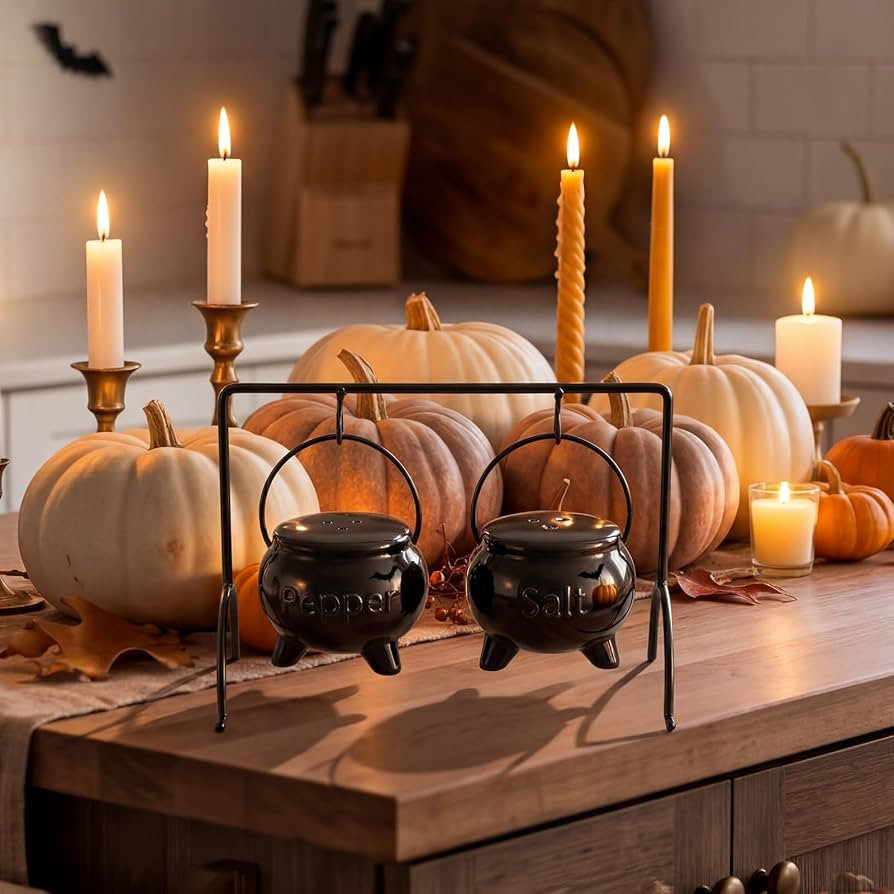 Yungyan Halloween Witches Cauldron Pepper Salt Set 2.5\u201dx2" with Stand Black     Ceramic with... | Amazon (US)