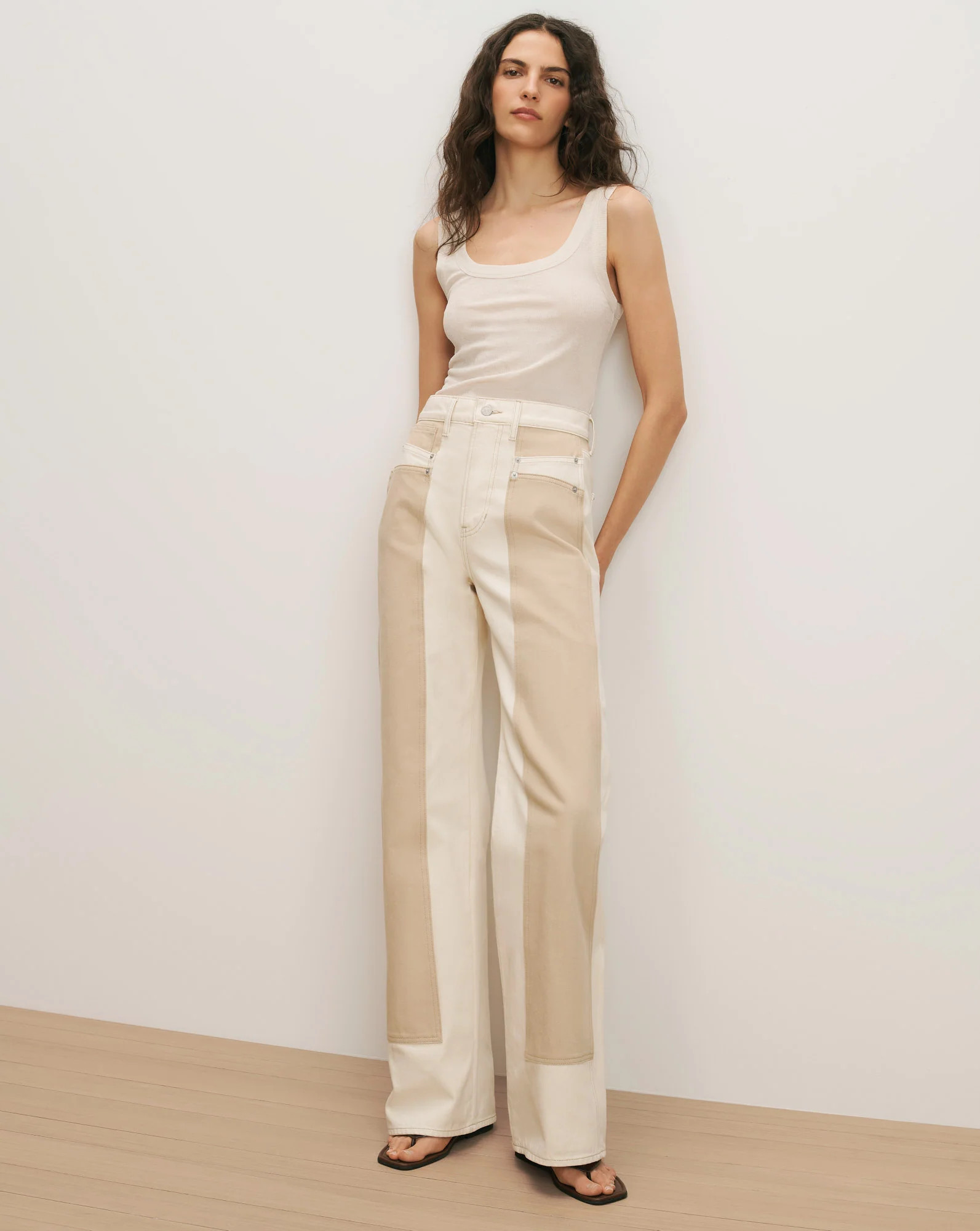 Taylor Color-Block Wide-Leg Jean in Ecru/Stone Khaki | Veronica Beard | Veronica Beard