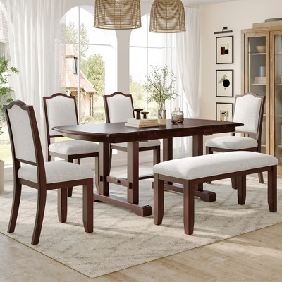 6 Piece Extendable Dining Table Set Dining Set Kitchen Table Set with 4 Upholstered Dining Chairs, Bench&Removable Leaf, Cherry-ModernLuxe | Target