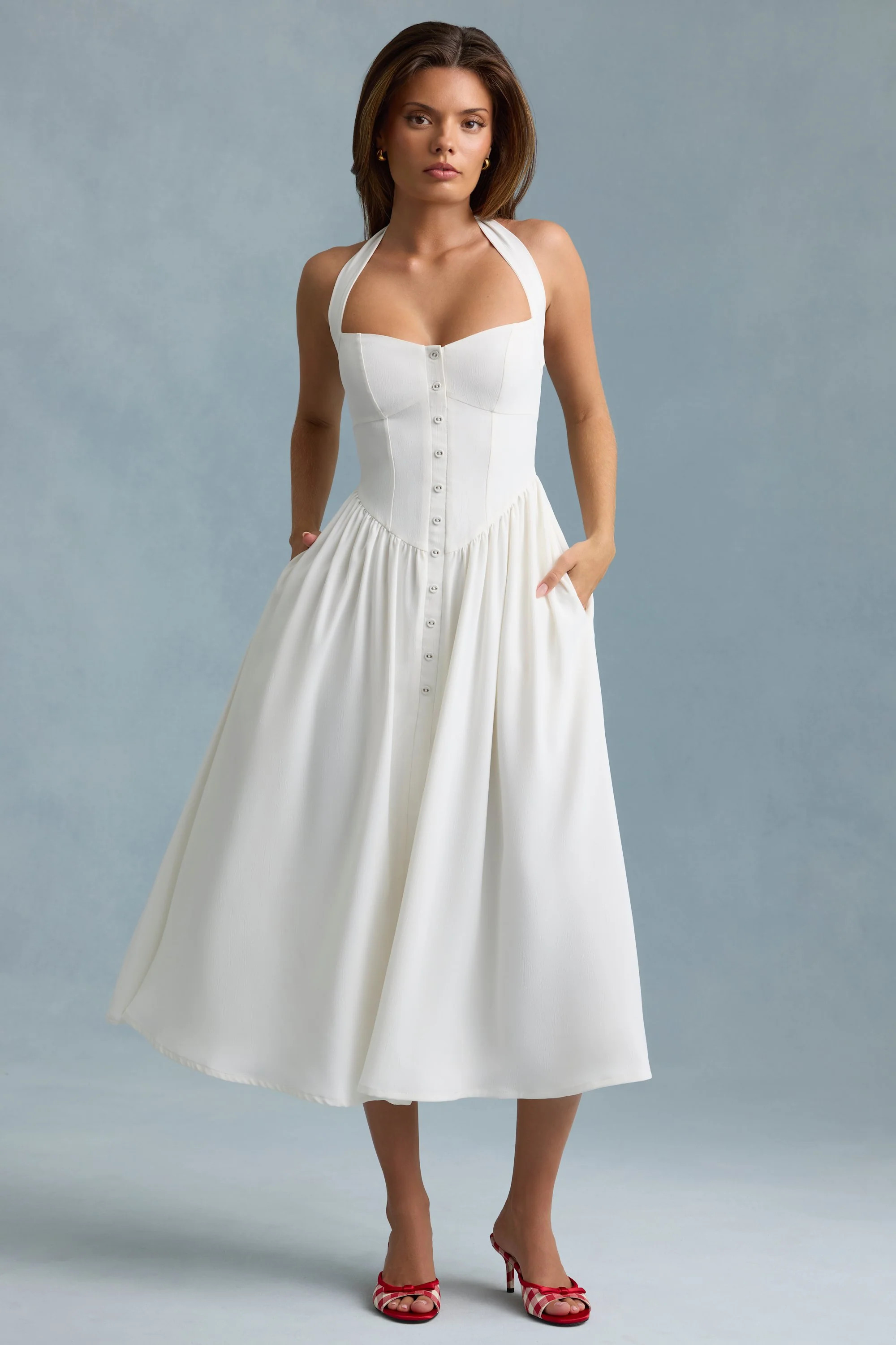 Button-Detail Halterneck Midaxi Dress in White | Oh Polly