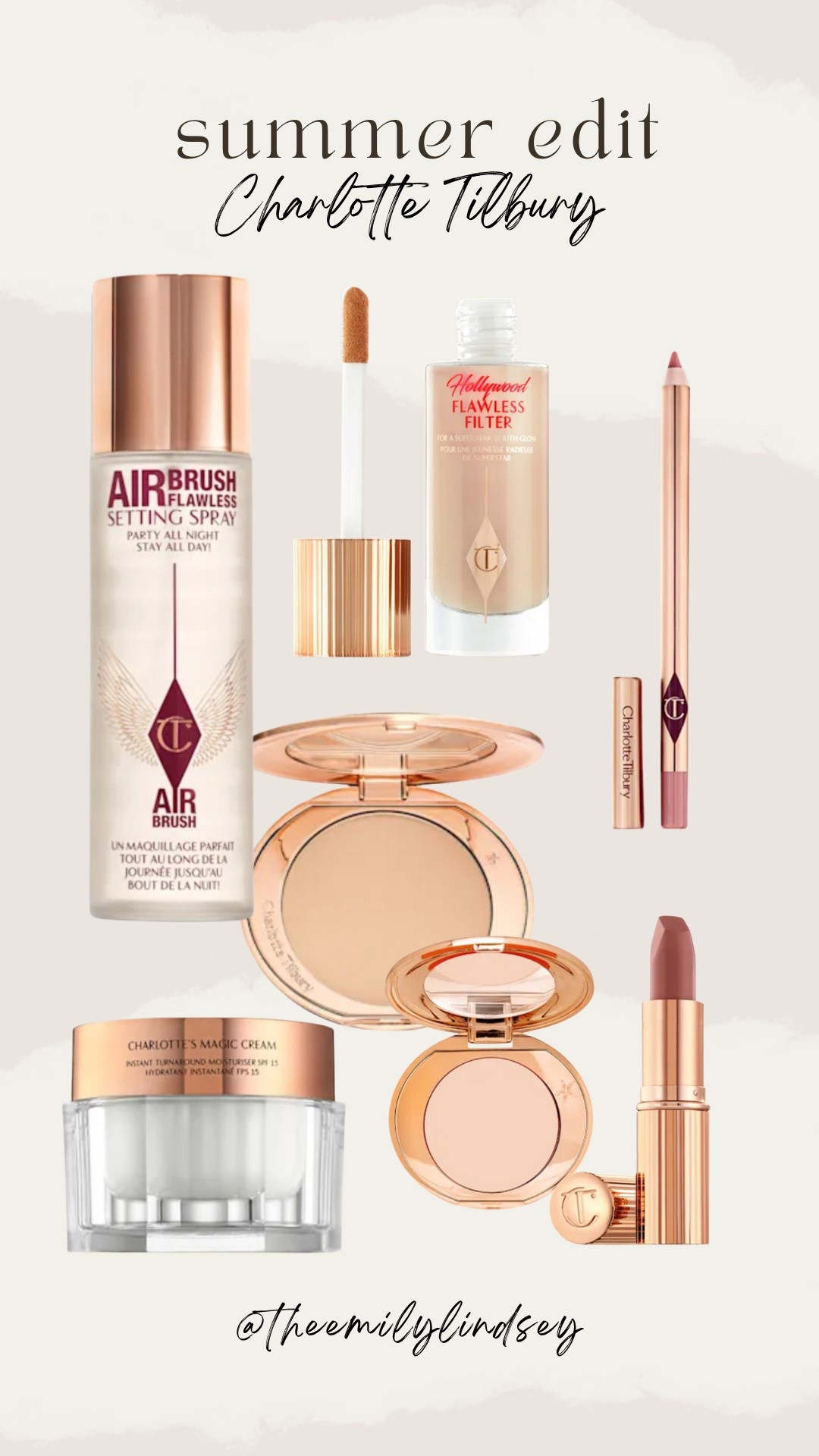 Some of my favorite Charlotte Tilbury products! The airbrush flawless setting spray is a MUST. The Hollywood flawless filter is so stunning & I love the lip cheat lip liner in shade Iconic. Lipstick shade Very Victoria. 

The Emily Lindsey, beauty favorites, makeup must haves.



#LTKBeauty #LTKSummerEdit #LTKSaleAlert