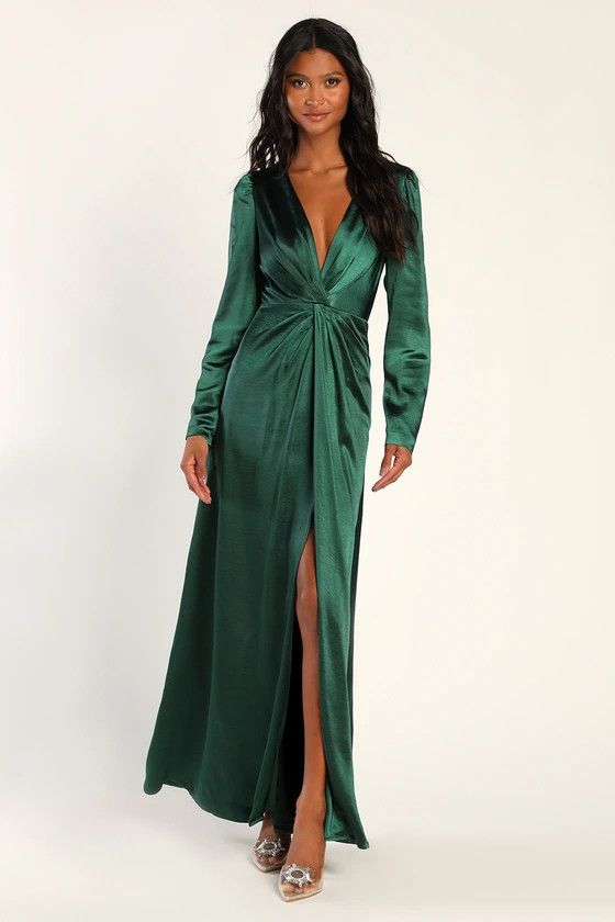 Endearing Elegance Emerald Green Satin Long Sleeve Maxi Dress Christmas Wedding Guest Dress | Lulus (US)