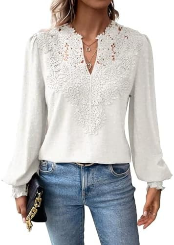 Womens Tops Swiss Dot Boho Long Sleeve Shirts V Neck Casual Chiffon Blouses Flowy Lace Hem Cute C... | Amazon (US)