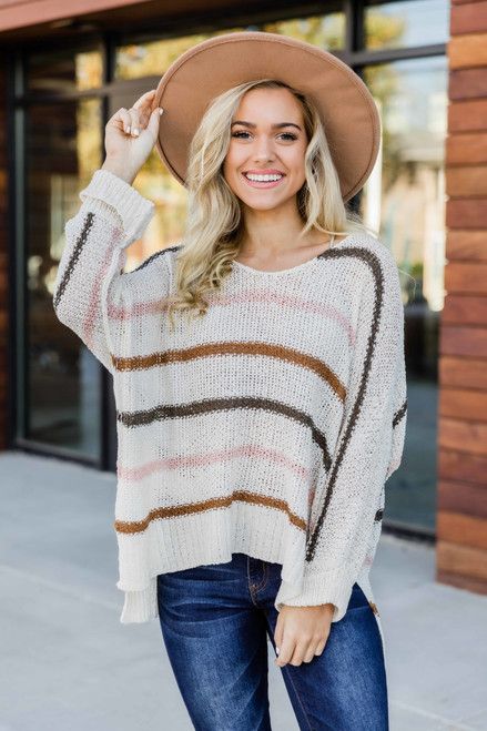 Days With You Beige Multicolor Striped Sweater | The Pink Lily Boutique