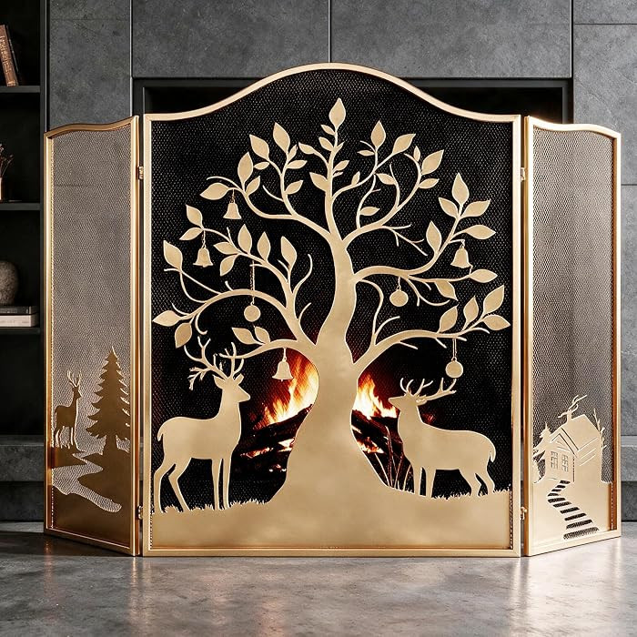 50" X 36'' Gold Fireplace Screen - 3 Panel Tree Pattern Fire Guard | Amazon (US)