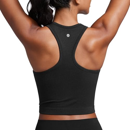 CRZ YOGA Seamless Ribbed High Neck Crop Tank Tops for Women - Longline Racerback Padded Sports Bras Black Large | Amazon (US)