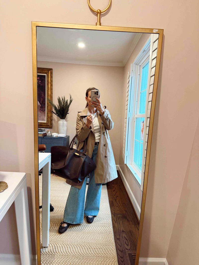 Rainy spring day! I love a lightweight trench coat that goes with everything.  Throw on with a classic white tee and light wash jeans. I wore this with the most comfortable ballet flats. 

 #LTKootd #LTKSeasonal