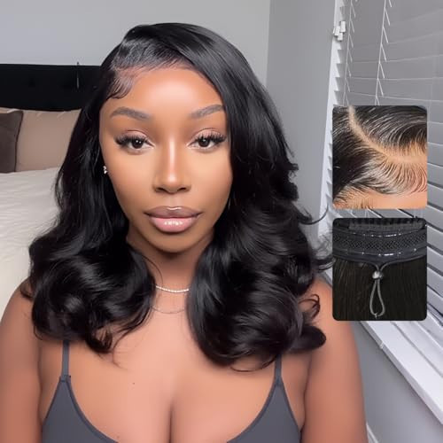 Tinashe Human Hair Wig Glueless Wigs Human Hair Pre Plucked Pre Cut Bob Wear And Go Loose Body Wave Layered Cut 6x5 HD Lace Front Wigs for Black Women Side Part Curtain Bangs Natural Black Wigs 18inch | Amazon (US)