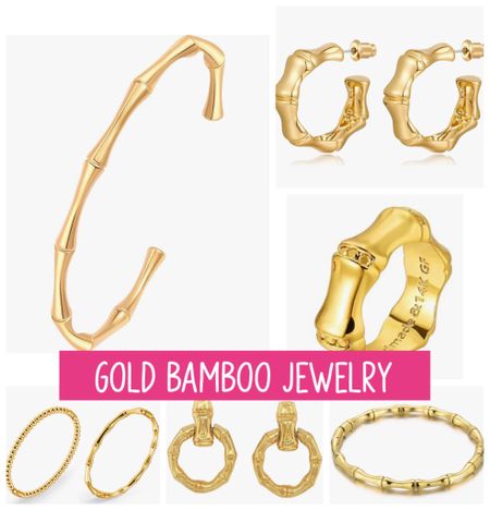 Gold bamboo jewelry, gold earrings, gold bracelets 

#LTKFindsUnder100 #LTKOver40 #LTKGiftGuide