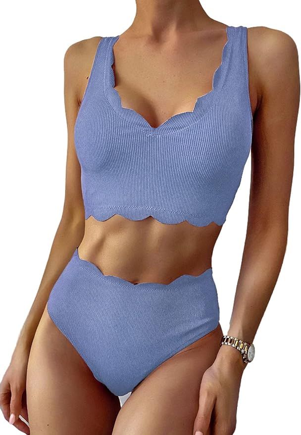 ZAFUL Women's High Waisted 2 Piece Knotted Swimsuit Set with Tummy Control Tankini Bottom | Amazon (US)