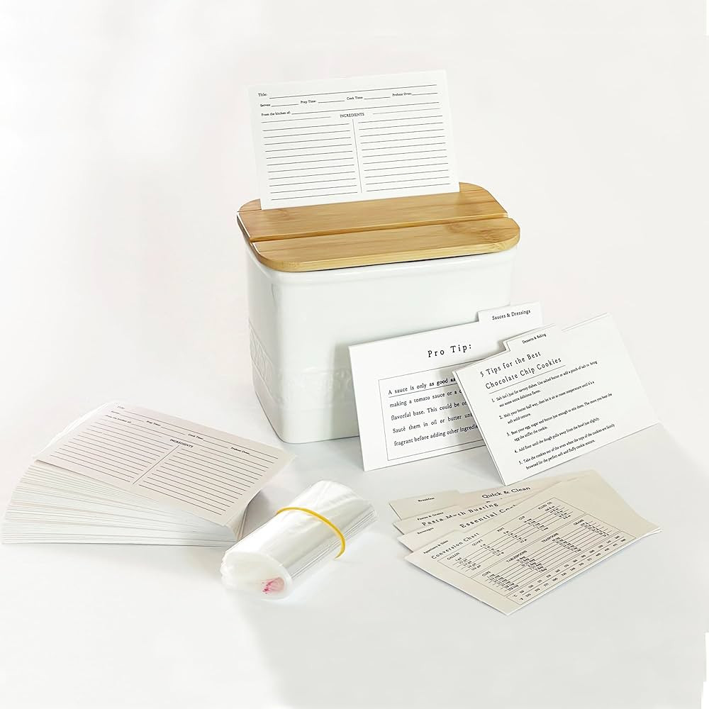 Elevate Supply Ceramic Recipe Box- Handcrafted Card Box with 12 Dividers, 42 Cards, Bamboo Lid, C... | Amazon (US)