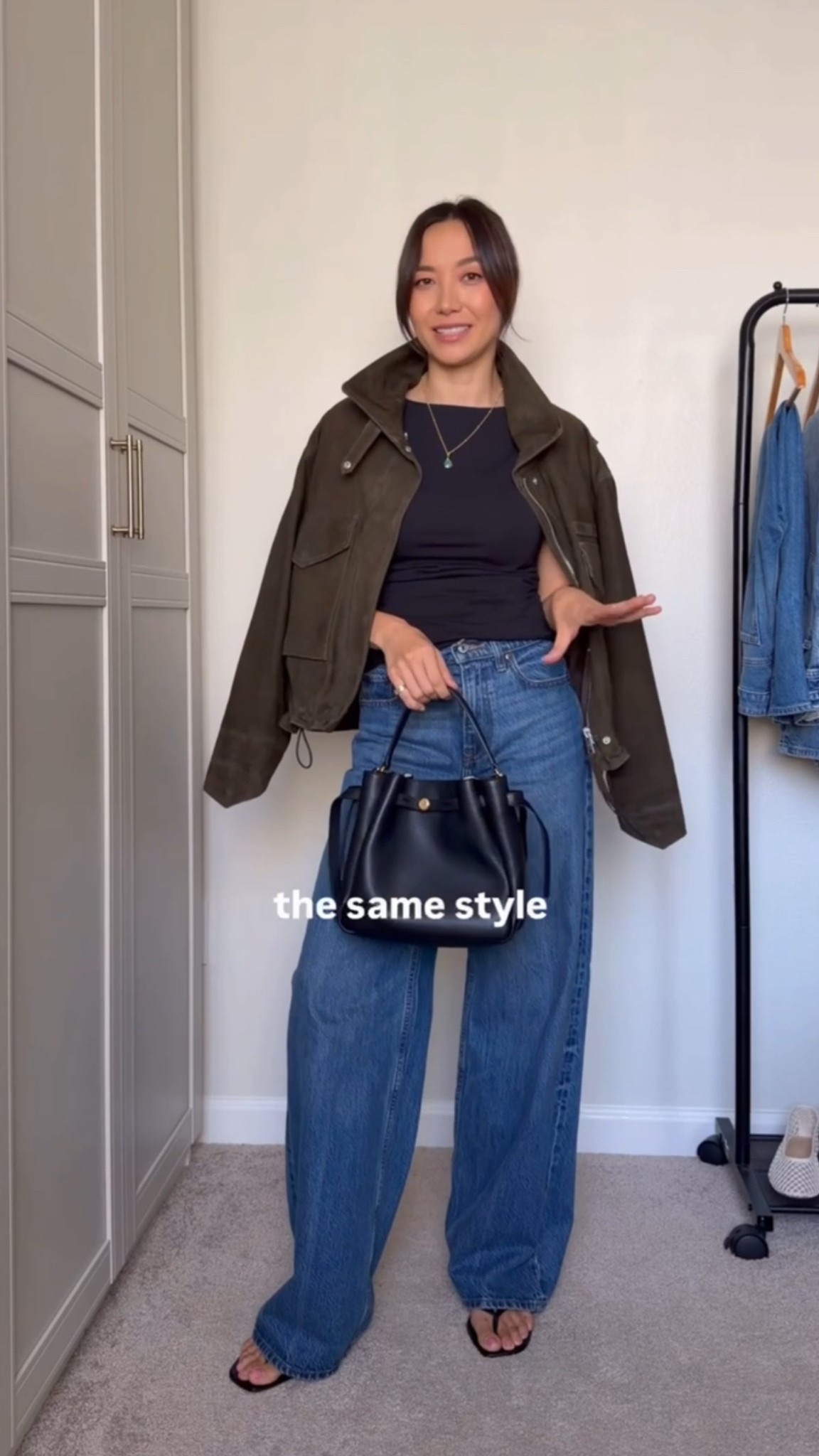 Elevated casual/chic outfit 

AllSaints suede jaxket — xs, $300 off 
Abercrombie wide leg jeans — size 25 ref 
Tory Burch romy bucket tote 

Fall style / fall outfit / chic style

#LTKootd #LTKSaleAlert #LTKSeasonal