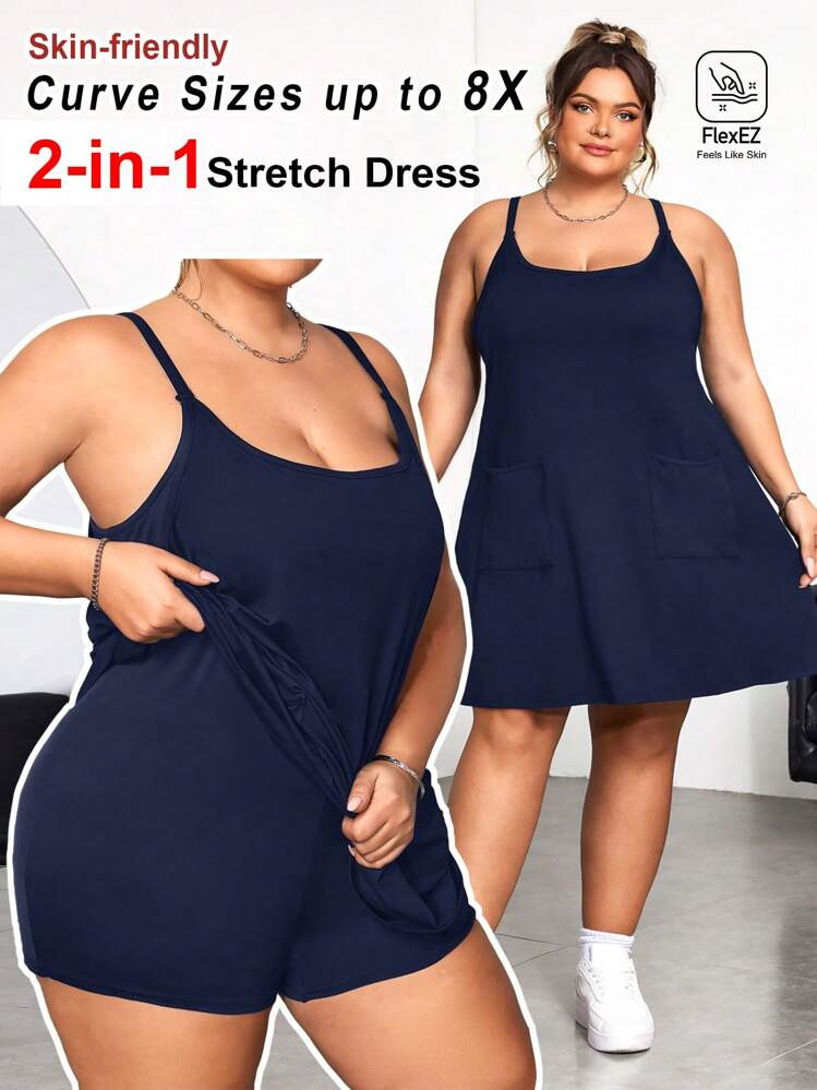 SHEIN CURVE+ Plus Size Women's Two-In-One Dress, Body-Shaping Inner Layer, Included Bottoms, Quick-Drying And Sweat-Wicking, Simple Solid Color Daily Wear/Sports Dress Plus Size Dresses Pocket 2pc Set Women Plus Plus Swim Dress Stretchy Dresses Athletic Dress Plus Size | SHEIN