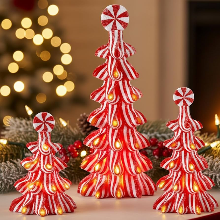 3 Pcs Christmas Ribbon Candy Trees Tabletop Decor Peppermint Candy Cane Tree Lighted Xmas Resin C... | Amazon (US)