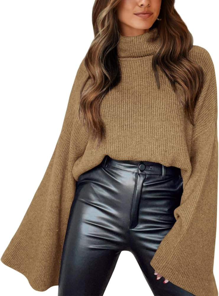 BTFBM Women's Turtleneck Pullover Sweaters 2023 Fall Winter Bell Long Sleeve Slouchy Oversized Ri... | Amazon (US)