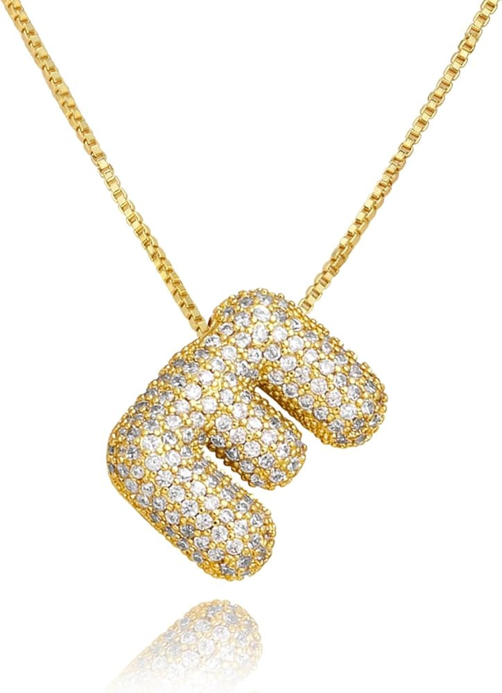 18k Bubble Letter Necklace Gold for Women, Rhinestone Bubble Balloon Initial Necklace for Her, Ch... | Amazon (US)
