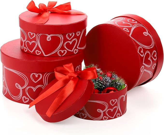 Goaste 4 Pack Round Gift Boxes with Lids, Red Nesting Gift Boxes, Stackable Flower Boxes with Rib... | Amazon (US)