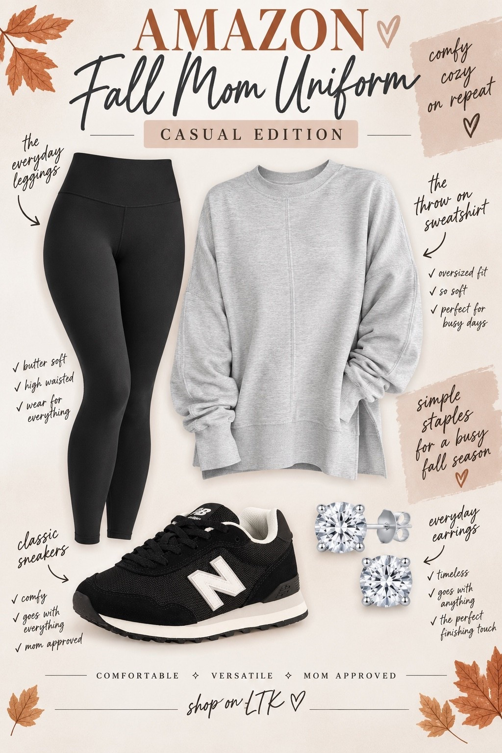 Amazon Fall Mom Uniform 🍂🖤
The “I want to look put together but I also have 47 things to do” outfit 😂👏 Comfy leggings, an oversized sweatshirt, classic sneakers + simple studs = my fall mom uniform on repeat. Perfect for school drop-off, errands, Target runs, coffee stops & everything in between. 🤎

Everything is linked! 🛒✨

#AmazonFinds #AmazonFashion #FallOutfits #FallFashion #MomStyle #MomOutfits #CasualStyle #FallMomUniform #LTKFinds #AmazonMustHaves

#LTKdayinmylife #LTKootd #LTKmomlife