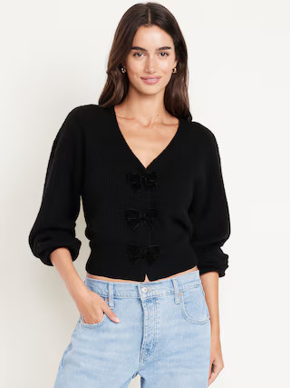 SoSoft V-Neck Bow-Front Cardigan Sweater | Old Navy (US)