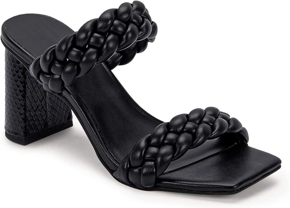 Womens Braided Heeled Sandals  Square Open Toe Strappy Slip On Slide Shoes | Amazon (US)
