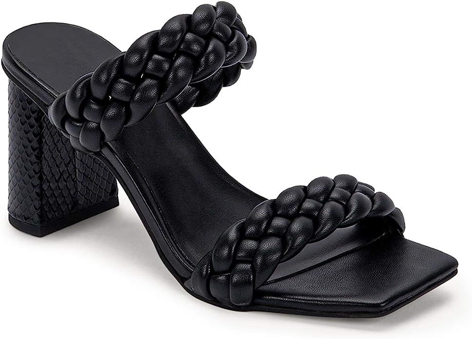 Womens Braided Heeled Sandals  Square Open Toe Strappy Slip On Slide Shoes | Amazon (US)
