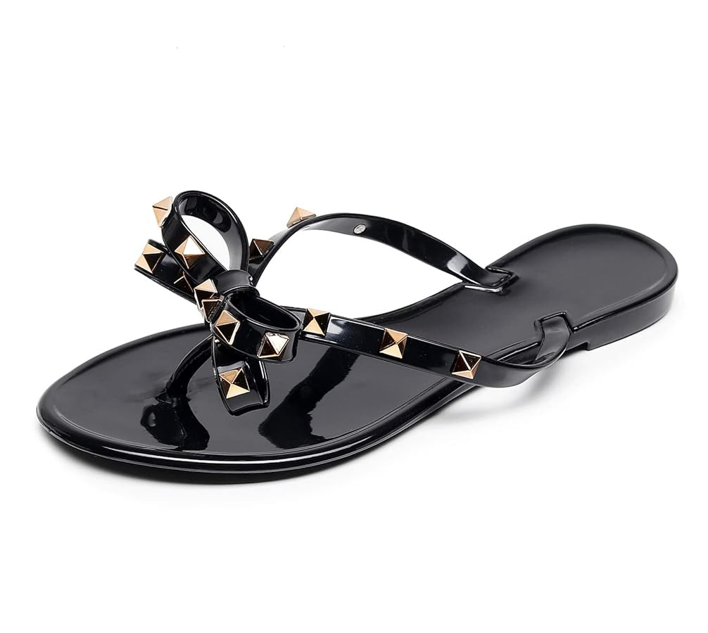 Studded Jelly Shoes for Womens Bow Flip Flops Jellies Sandals Flat Black Summer Beach Thong with ... | Amazon (US)