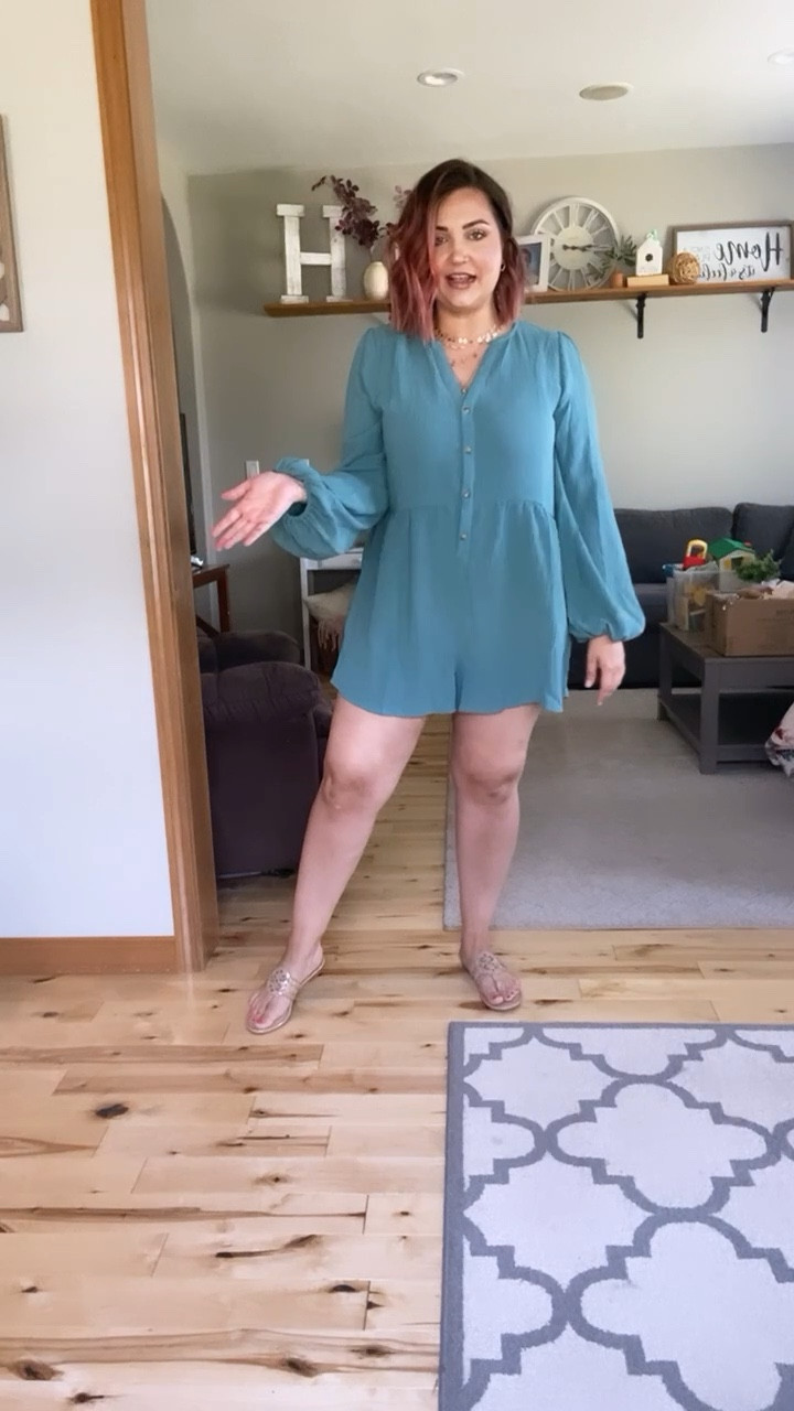 Teal long sleeve romper, jewelry & tan sandals! Dress up or down!

#LTKSeasonal #LTKunder100 #LTKunder50