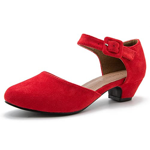 Enelauge Women's Ankle Strap Closed Toe Low Chunky Heel Dress Work Pumps Suede Red 45-11 US | Amazon (US)