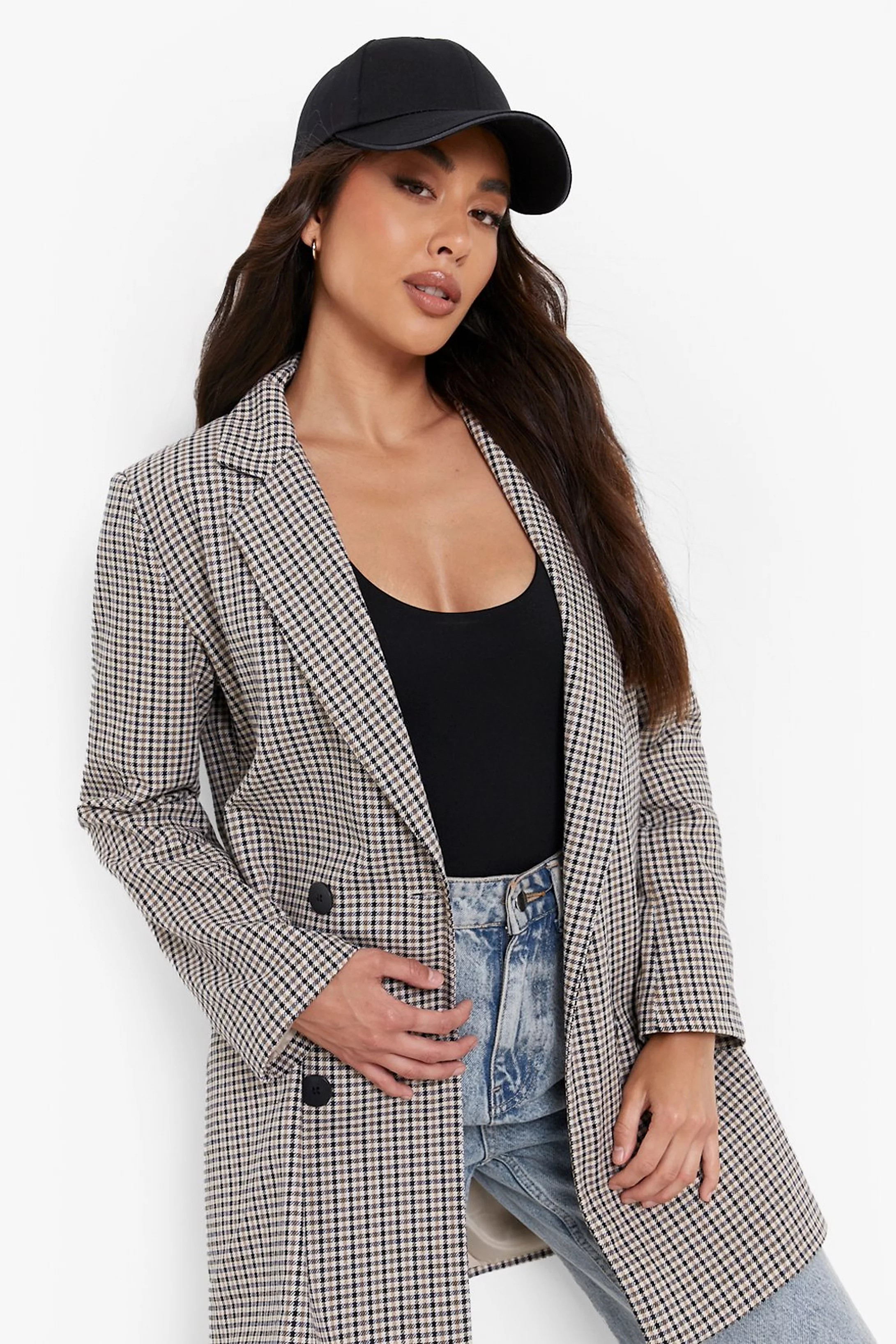Tonal Check Double Breasted Longline Blazer | Boohoo.com (US & CA)
