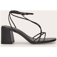 Black Pu Round Toe Strappy Mid Block Heel Sandals | PrettyLittleThing UK