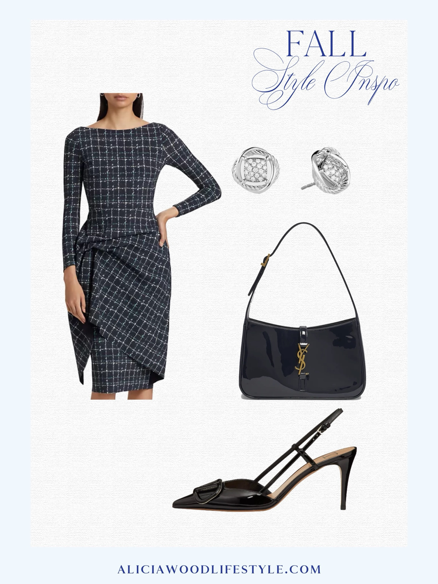 Fall transitional Dress 
Tweed ladylike dress
Black patent slingbacks 
Black patent YSL handbag
Diamond stud earrings 

#LTKSeasonal #LTKStyleTip #LTKOver40