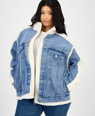 And Now This Trendy Plus Size Denim-Front Teddy Jacket, Macy's Exclusive - Macy's | Macy's