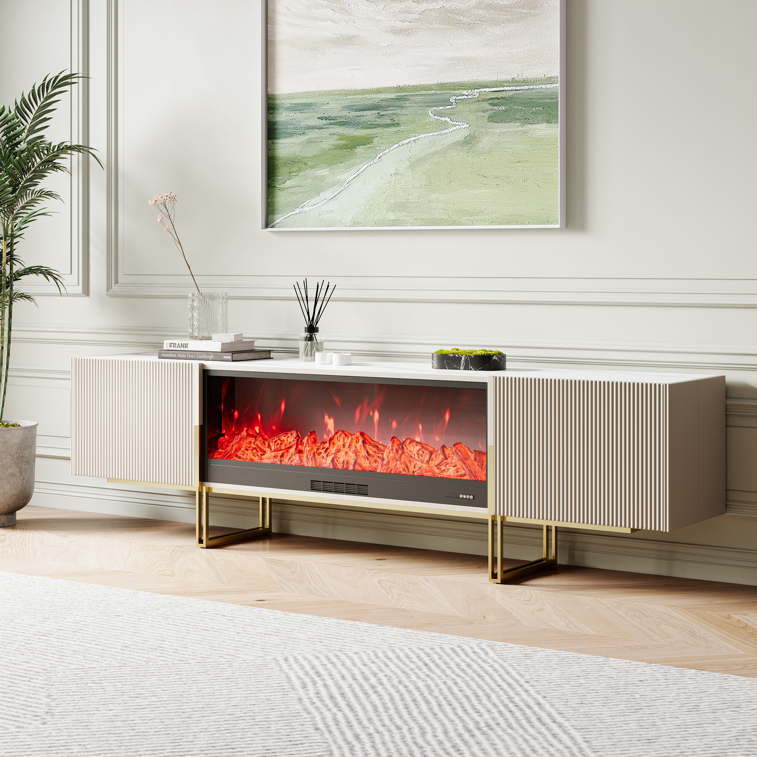 86" Electric Fireplace TV Stand Sintered Stone Top Off White Entertainment Center Temperature Adjustable | Homary